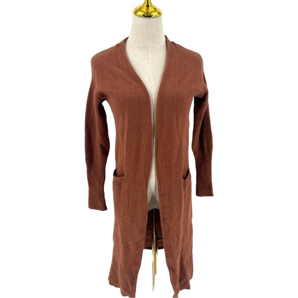 Halogen Cashmere Blend Open Front Cardigan Long Line Burnt Orange Sweater